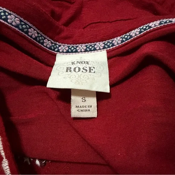 Knox Rose Embroidered V-neck Top Long Sleeves Boho Peasant Size Small Deep Red B - Picture 6 of 11